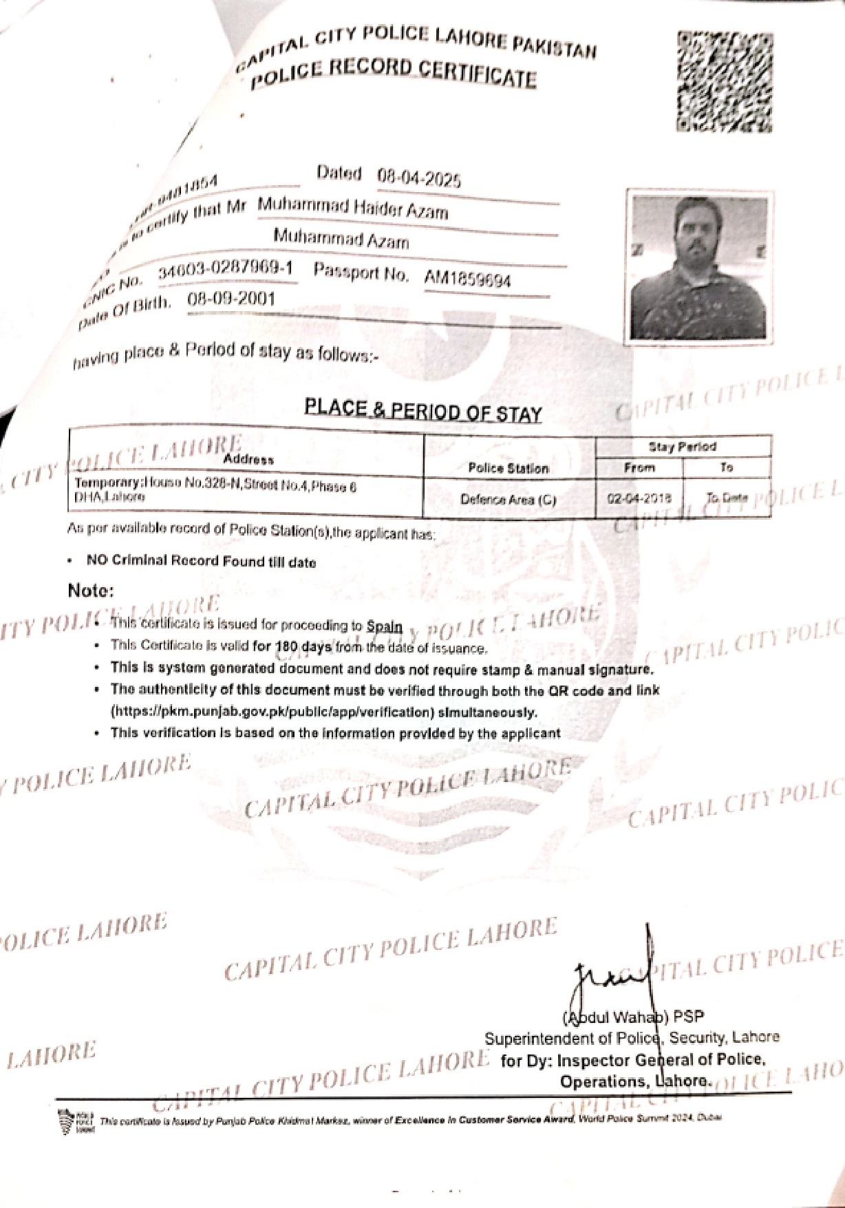 Sample Police Clearance Certificate (PCC) Document